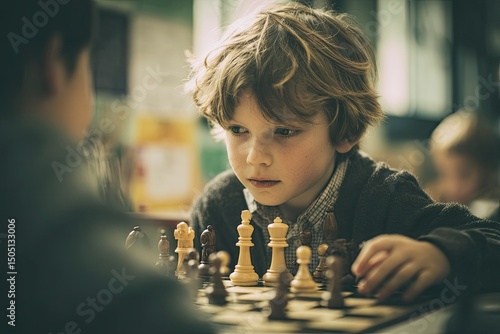 A young boy playing chess with his friend in the classroom. This stock photo was the winner of a contest, captured in high definition. 