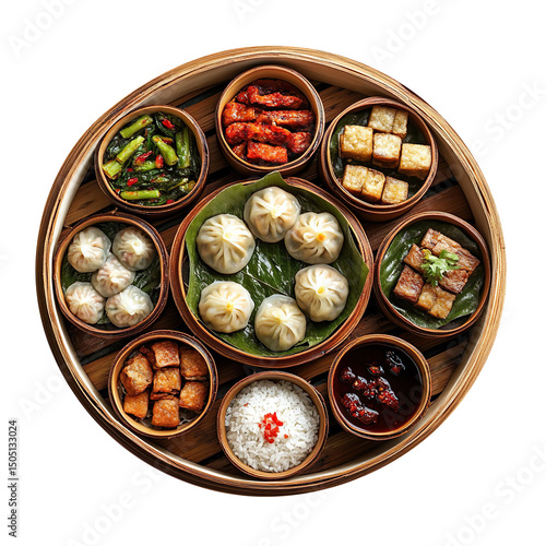 Dim sum, including pan-fried dumplings, steamed buns, and sticky rice wrapped in lotus leaves, accompanied by dipping sauces in small bowls isolated on a white background