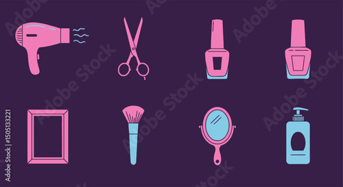 Vector icon set of beauty salon tools including hair dryer, scissors, nail polish, makeup brush, mirror, and skincare lotion.

