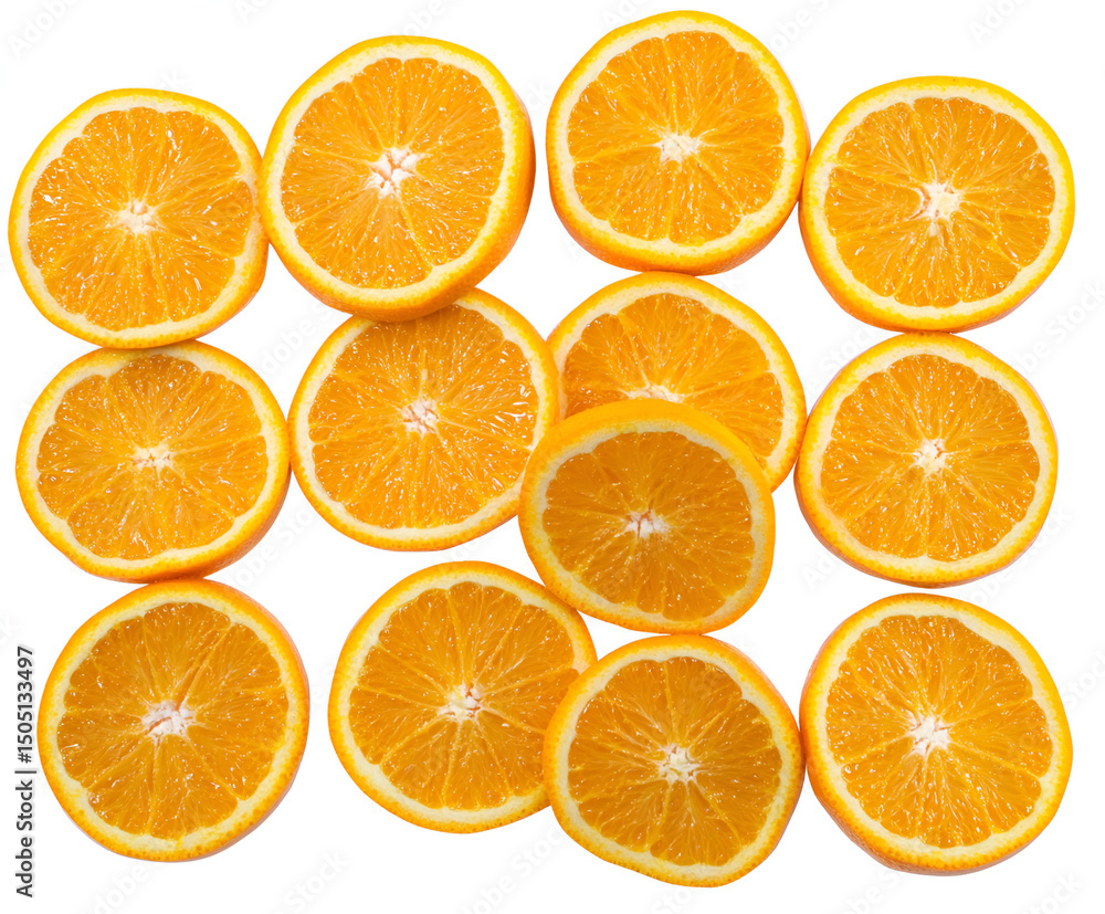 Fototapeta premium Fresh, juicy orange slices create a vibrant, healthy citrus background, with some isolated on white