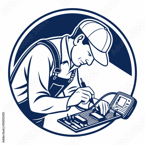 Vector illustration of technician using multimeter on a motherboard, isolated on transparent background