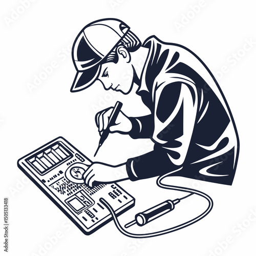 Vector illustration of technician using multimeter on a motherboard, isolated on transparent background