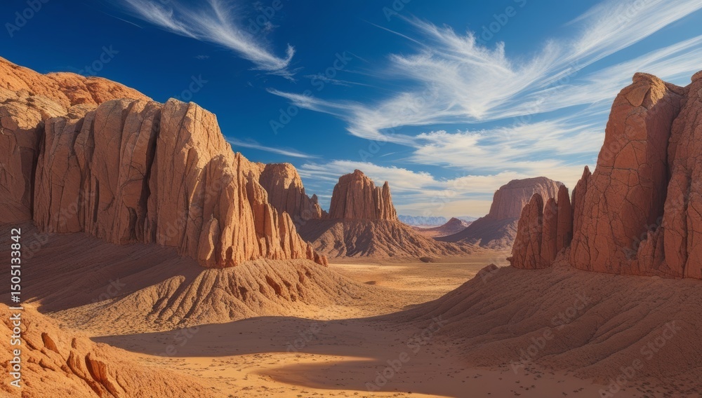 Fototapeta premium Monument Valley's Majestic Desert Landscape Under a Clear Blue Sky with Clouds