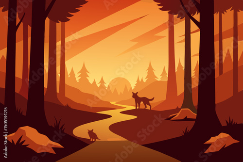 Sunset forest path with tall trees casting shadows and warm golden light