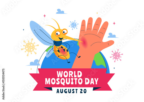 World Mosquito Day Vector Illustration on August 20th, featuring the Earth and a Midge that Can Cause Dengue Fever and Malaria in a Flat Background