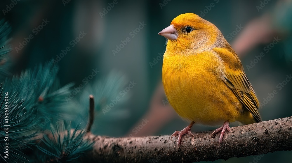 Fototapeta premium Vibrant Serenity: Golden Canary Perched on a Branch in the Lush Wilderness