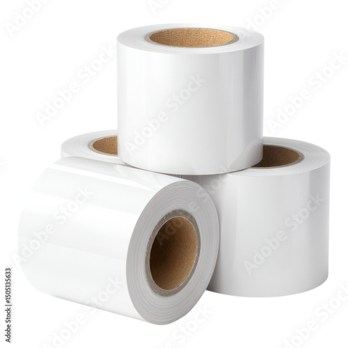 Three large rolls of blank white adhesive labels stacked together.