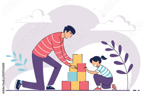 Father and Daughter Building Block Tower at Home – Family Bonding, Educational Play, Parenting Concept Illustration.