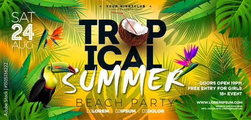 Summer Party Flyer Design with Flower, Tropical Palm Leaves and Toucan Bird on Yellow Background. Vector Summer Beach Celebration Design Template with Floral Elements, Plants and Typography Letter for