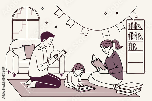 Happy Family  Reading Book With Children Indoors – Cozy Home Moments, Parenting, and Early Childhood Education Vector Illustration