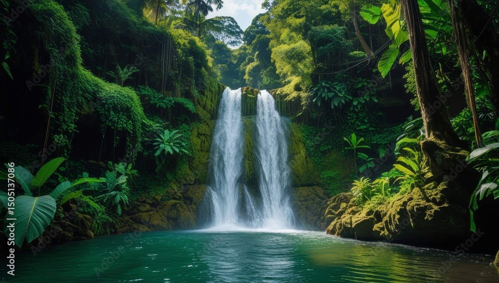 Obraz premium Spectacular tropical waterfall cascade in lush green rainforest setting