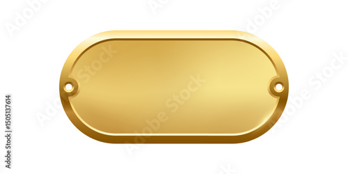 Blank golden nameplate plaque with screw holes. Empty metallic oval label for engraving, signage, awards, door signs. Realistic vector illustration.