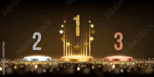 Gold, silver and bronze award podiums isolated on black background. Golden winner podium with glowing light rays and number 1. Winner ceremony. Abstract vector illustration.