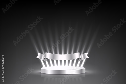 Silver award podium. Anniversary empty stage with glowing light rays and ribbon on black background. Template for celebration birthday or jubilee, winner ceremony. Vector illustration.
