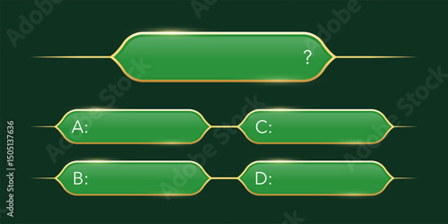 Quiz template. Trivia game layout. Question and answer green frames with golden border for TV show or social media. Multiple choice test. Abstract vector illustration.