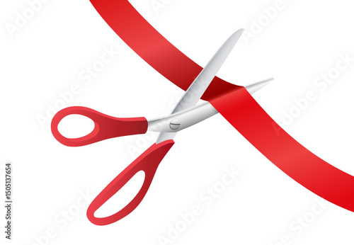 Grand opening ceremony. Red scissors cutting ribbon isolated on white background. Luxury event announcement, stage celebration, or business launch. Realistic vector illustration.