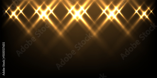 Golden stage lights. Glowing spotlights with sparkling starburst effect on dark background. Award, concert, party, event show illumination lighting. Abstract vector illustration.