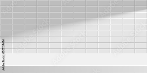 Countertop on white subway tile background. White podium with soft shadow. Metro brick horizontal pattern with table. Bathroom, kitchen pool interior for product display. Realistic vector illustration