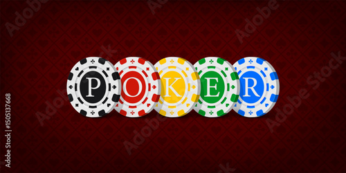 Poker red table background. Casino pattern for blackjack. Playing field with POKER word made of colorful casino chips. Realistic vector illustration.