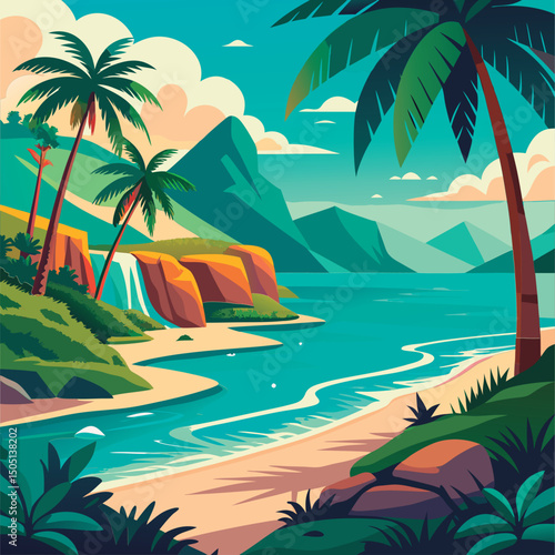 Vector illustration of a Tropical paradise beach scene.