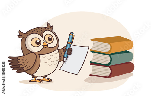 Stack of books and next to it an owl holding a pen