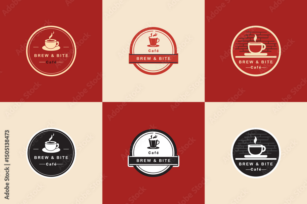 Fototapeta premium Assortment of Brew and Bite Cafe logo designs featuring diverse layouts, styles, and themes, ideal for branding and marketing concepts.