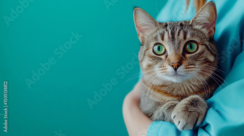 A cute cat held by doctor veterinarian in uniform on turquoise green background. perfect for clinic advertising banner  