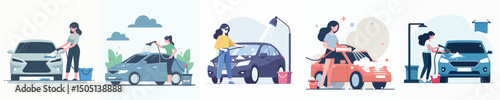 vector of a woman practicing washing a car