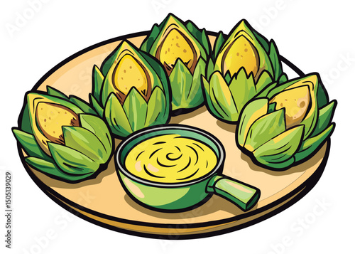 Artichoke hearts with dip on a platter.
