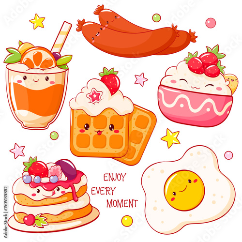 Breakfast time. Vector cute food in kawaii style. Sausage, scrambled eggs, pancakes, waffles with strawberries, juice. Delightful assortment of desserts in a charming style for t-shirt print, sticker