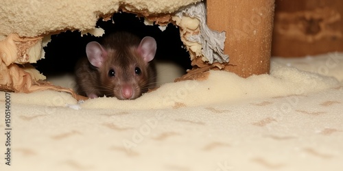 A Brown Rat Peeking from a Hole in Damaged Furniture Upholstery