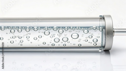 Kidney Failure and Dialysis in Healthcare Concept, Clear glass tube contains bubbling liquid, showcasing the movement of gas bubbles.