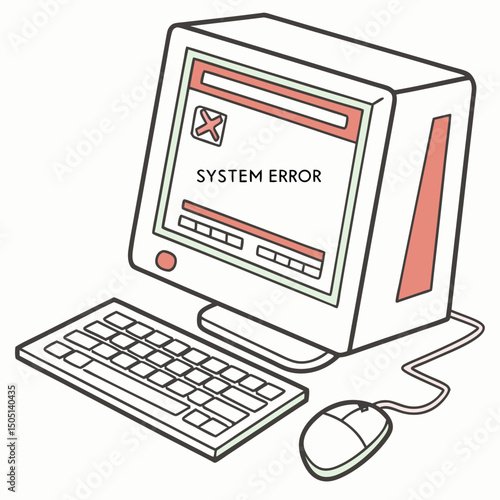 Vector illustration of desktop computer showing system error, isolated on white background