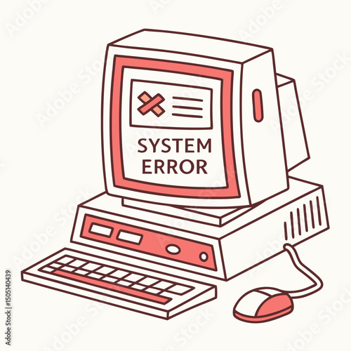 Vector illustration of desktop computer showing system error, isolated on white background