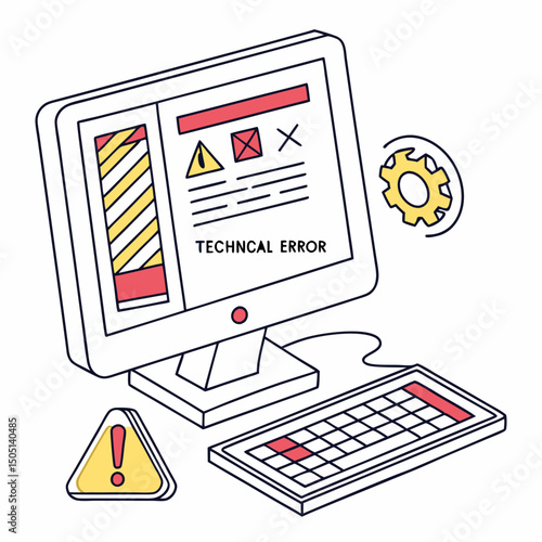 Vector illustration of desktop computer showing system error, isolated on white background