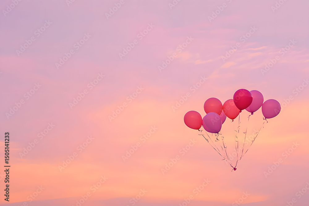 Fototapeta premium Pink Pastel Balloons Floating Against a Vibrant Sunset Sky