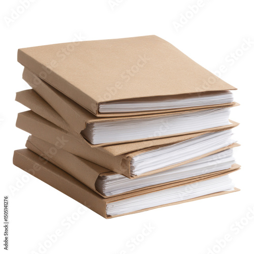 A stack of five thick brown paper-covered notebooks arranged in a slightly tilted pile.