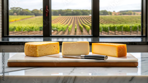 Foodie travel private jet Cheese foodie platter with knife marble counter by window showing travel vineyard view from private