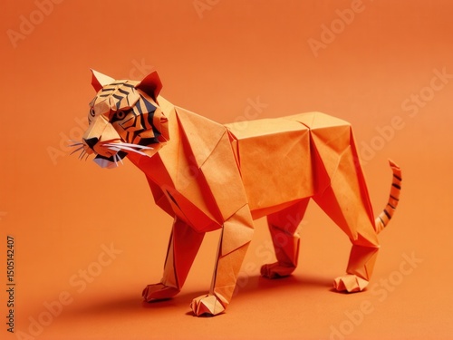  An origami tiger stands boldly against a vibrant orange backdrop. origami