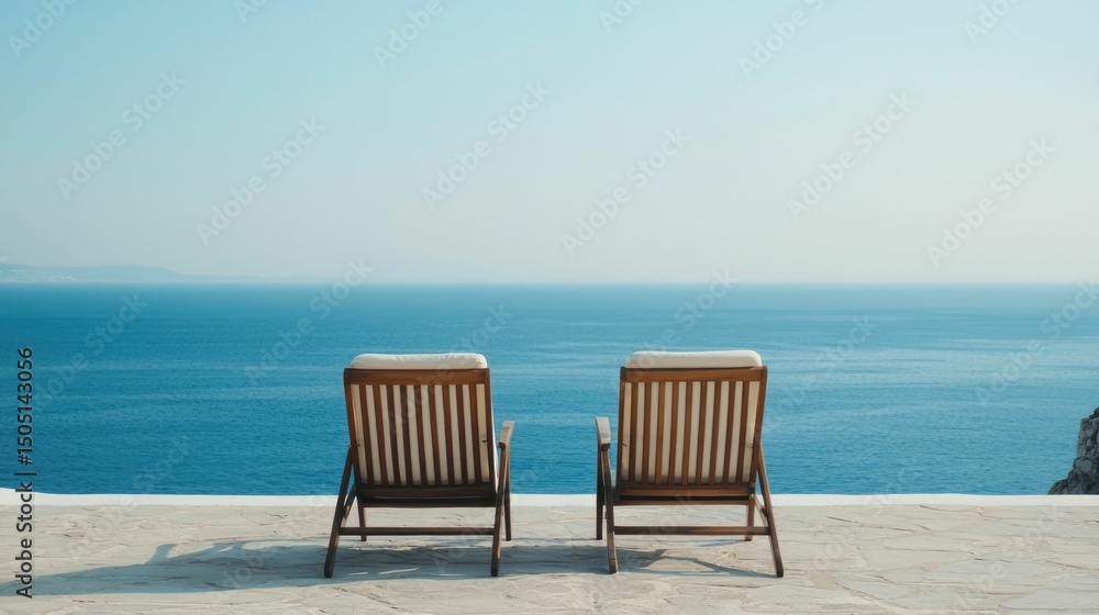 Fototapeta premium Serene Outdoor Retreat A Pair of Comfortable Chairs with Breathtaking Ocean View Symbolizing Tranquility and Connection