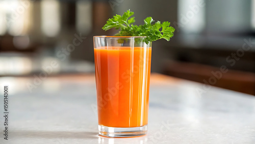 Foodie travel private jet Fresh carrot juice with parsley garnish on marble table perfect for foodie travel in private jet