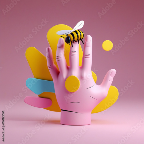bee sting on swollen hand,  Colorful hand sculpture with a bee on a pink background