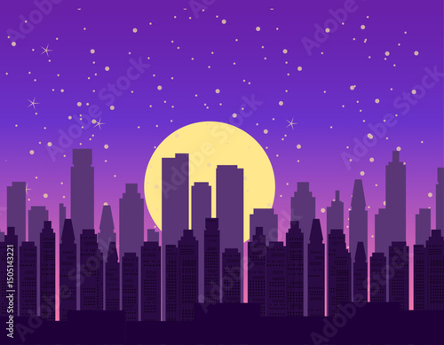Night city poster, cityscape background with bright and glowing Moon