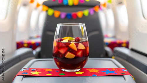 Foodie travel private jet foodie enjoys private jet travel experience with colorful festive drink served in glass on tray table