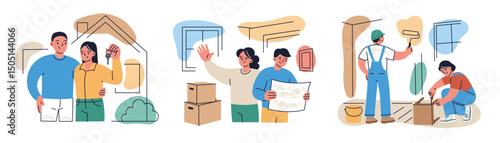 Set of vector scenes, moving to new home. Couple standing with keys in front of house, people planning renovation in new apartment, flat boxes illustrations, painting walls and assembling furniture
