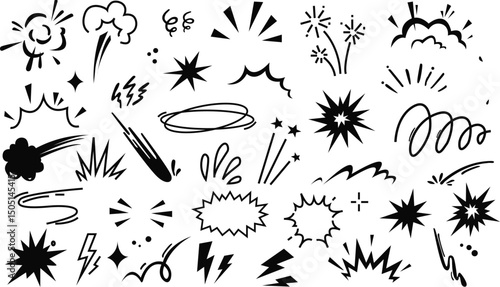 Comic explosion boom set featuring black and white pop art elements, speech bubbles, lightning, clouds, energy blasts, and action effects. Perfect for cartoon design, retro comics, and illustrations.