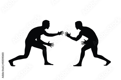 Silhouette of two wrestlers facing off in a ready stance, showing strength, focus, and tension