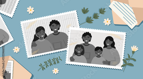 Old photo of young couple and old photo of  young couple with children. Family and life values ​​concept. Retro style. The concept of memories.