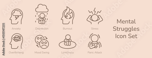 Mental Health Icon Set. Mental Struggles. Stress, Anxiety, Burnout, Depression, Loneliness, Overthinking, Panic Attack, Mood Swing. Minimal Line Style