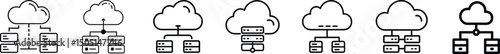  icon of a cloud server with multiple connected lines representing cloud computing infrastructure, networked servers, digital data routing, distributed systems, online hosting services